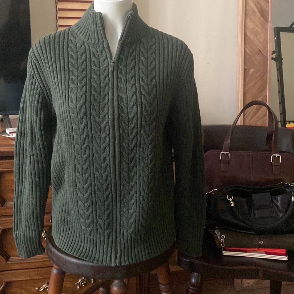 Lands' End Green Ribbed Knit Sweater 100% Cotton